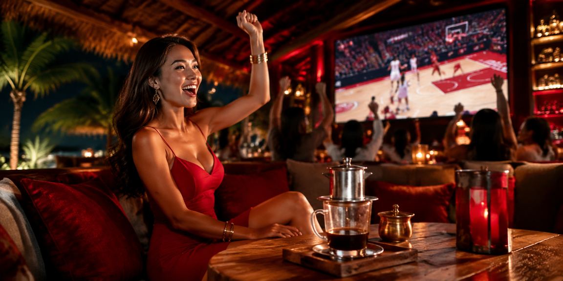 Người hâm mộ bóng rổ tại Phú Quốc theo dõi kèo cược thể thao bên ly cà phê